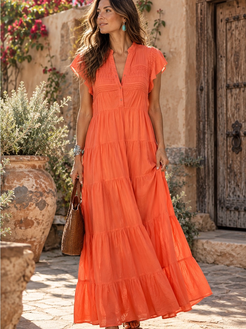 SUNDANCE Layered Costal Cowgirl Coral Relaxed Fit Maxi Dress with Slip, M